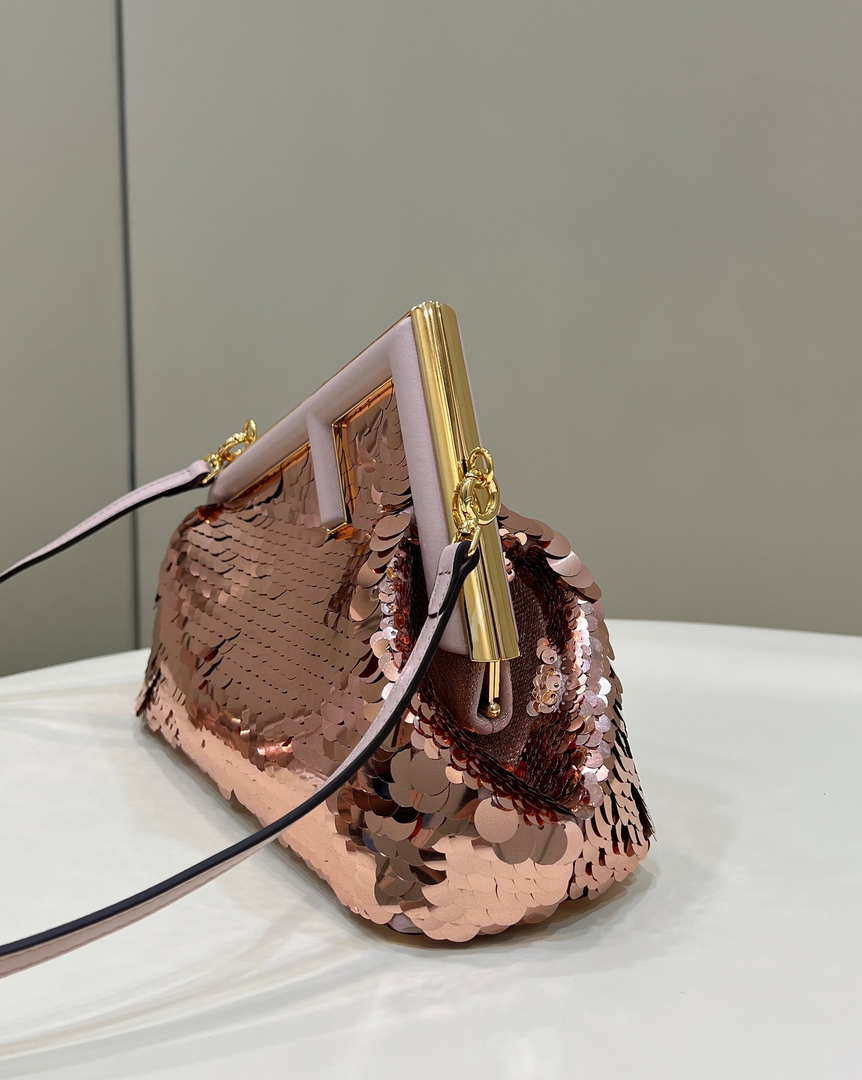 Fendi 8BP129 Fendi First Small Rose Red Gold-colored leather and sequinned bag 80066 Fendi 8Bp129 Fendi First Small Rose Red Gold Colored Leather And Sequinned Bag 80066