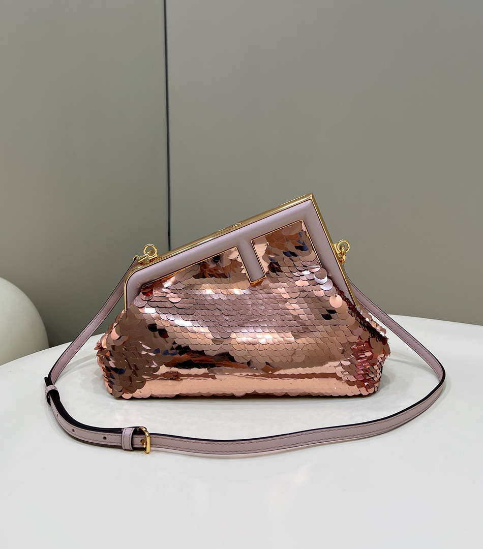 Fendi 8BP129 Fendi First Small Rose Red Gold-colored leather and sequinned bag 80066 Fendi 8Bp129 Fendi First Small Rose Red Gold Colored Leather And Sequinned Bag 80066