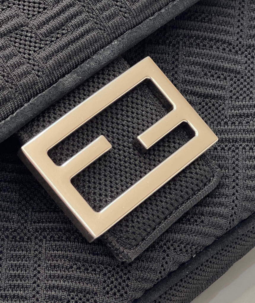 Fendi 8BR793 Midi Baguette Chain FF Fabric Bag Black