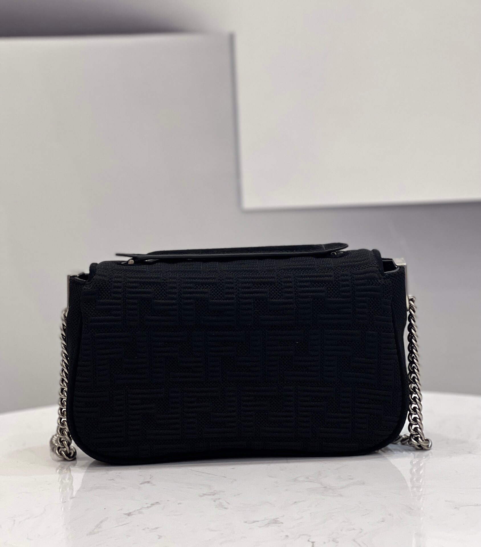 Fendi 8BR793 Midi Baguette Chain FF Fabric Bag Black