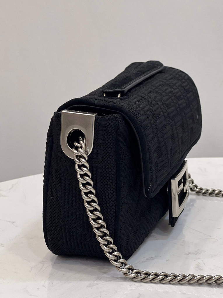 Fendi 8BR793 Midi Baguette Chain FF Fabric Bag Black