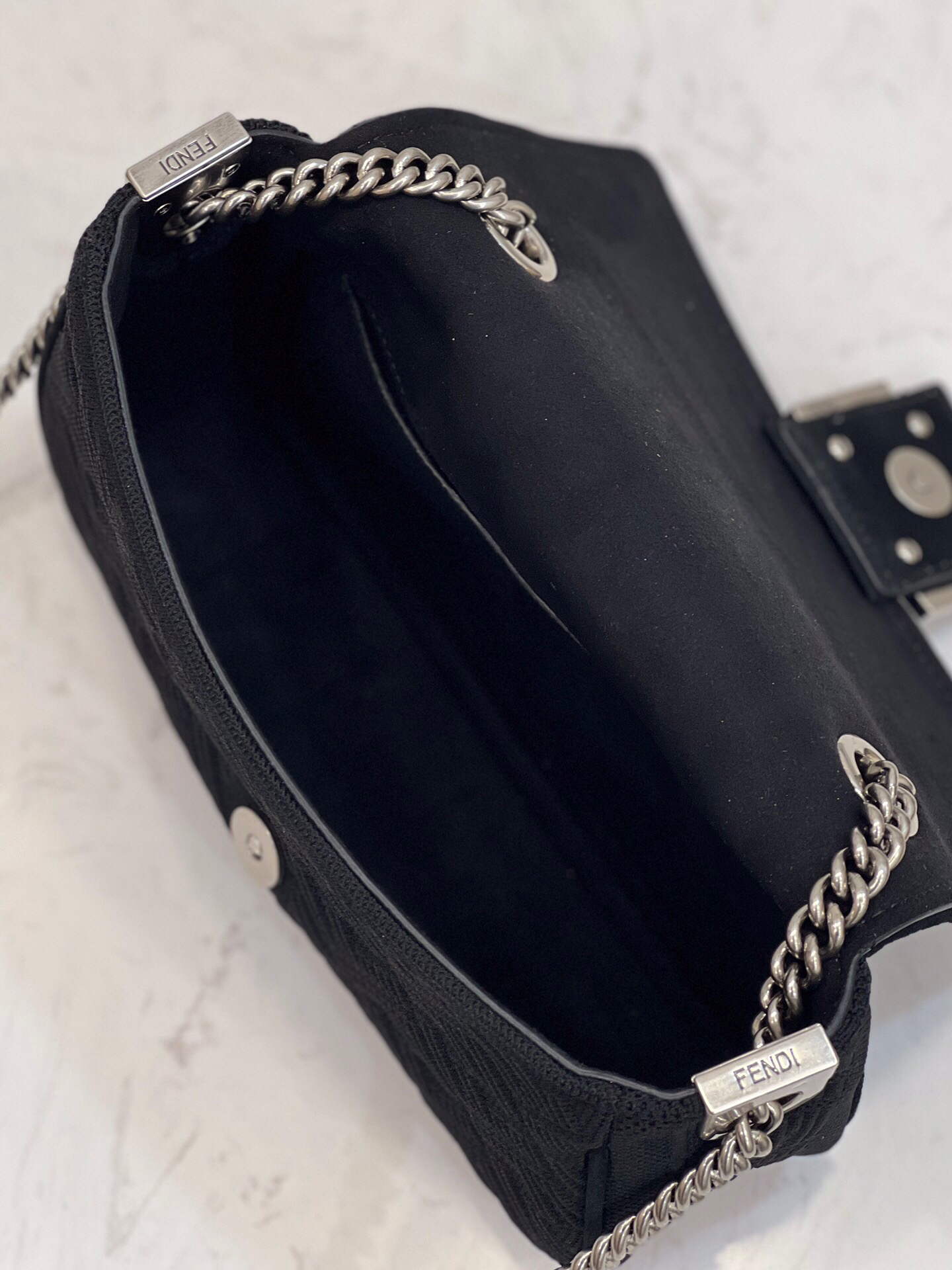 Fendi 8BR793 Midi Baguette Chain FF Fabric Bag Black