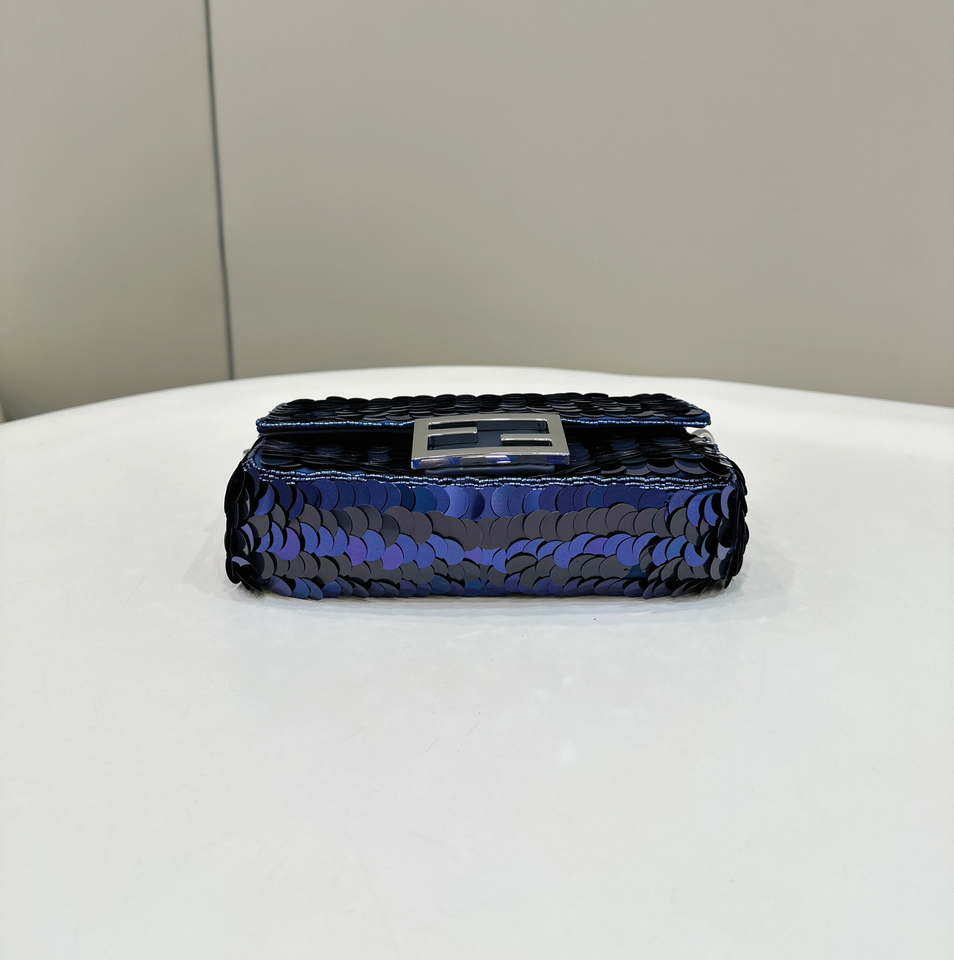 Fendi 8BS017 Mini Baguette Dark and mid blue sequin and leather bag 8601s