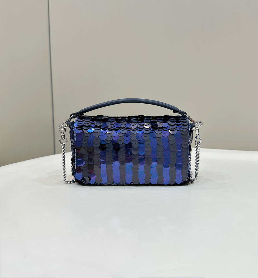 Fendi 8BS017 Mini Baguette Dark and mid blue sequin and leather bag 8601s
