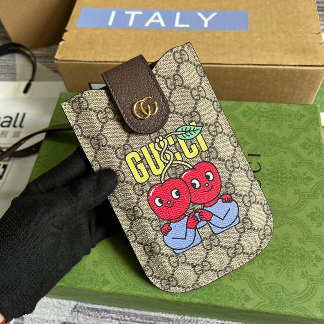 Gucci 700732 Gucci cherry print phone case Brown