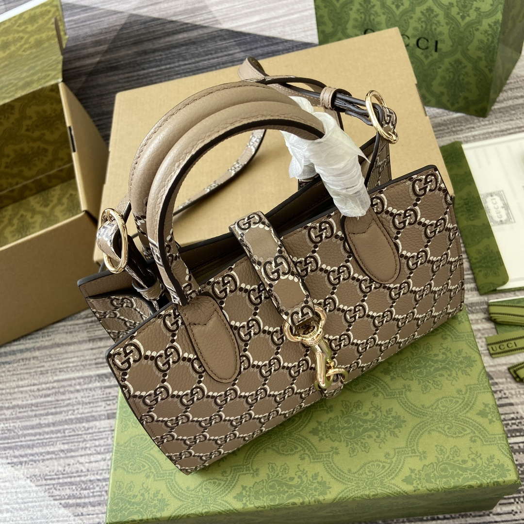 Gucci 795349 Small Tote Bag With Hook Closure Taupe and multicolour leather