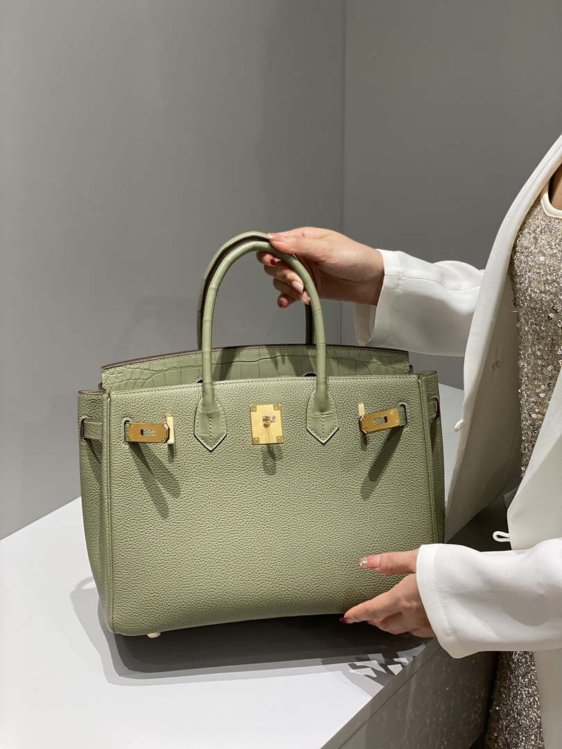 Hermes Birkin Tote Bag Togo Leather With High Gloss Nile Crocodile Emerald H28818