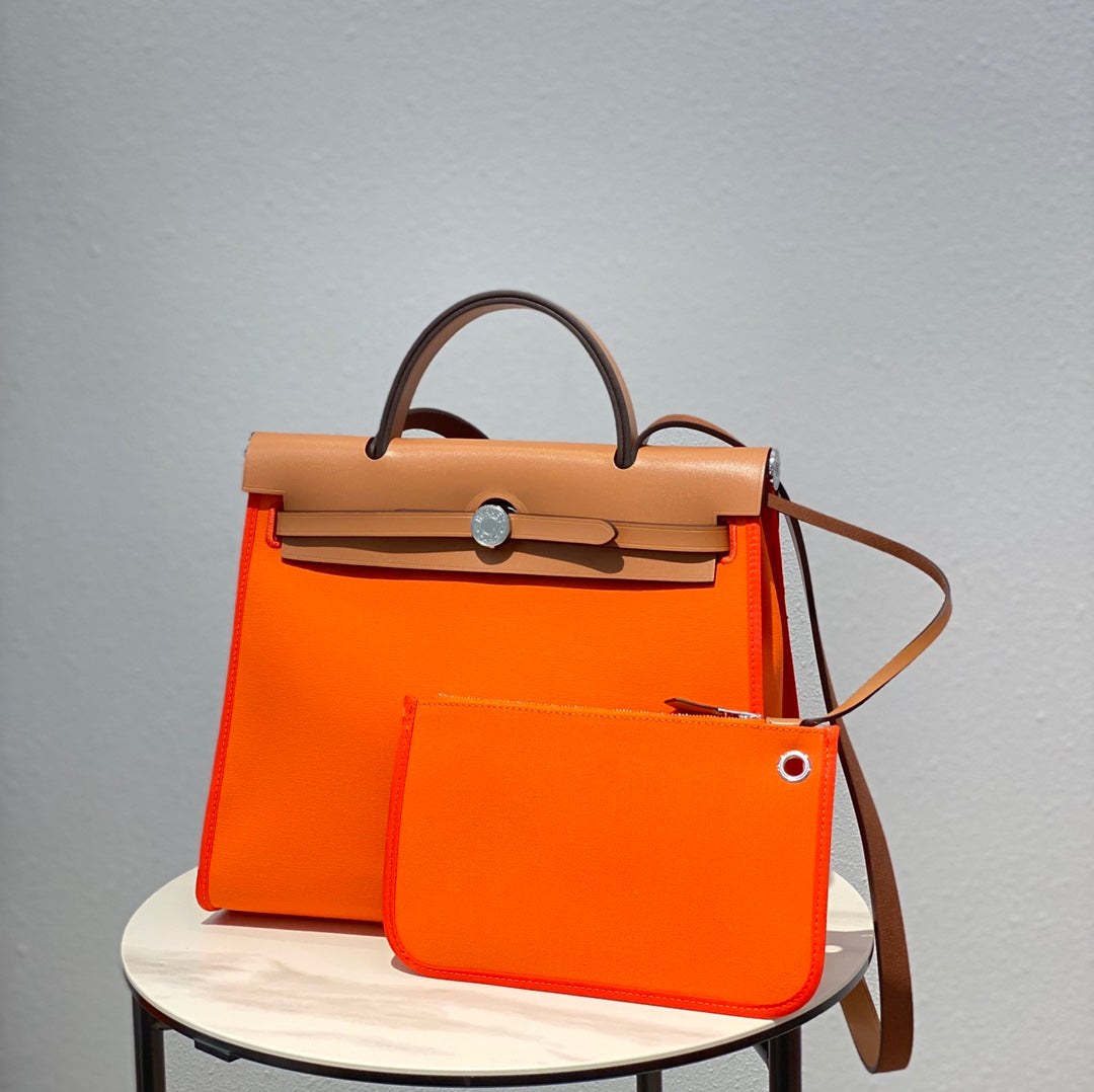 Hermes H082835CKAC Herbag Zip 31 Bag in Black Hunter Leather and Canvas H60039