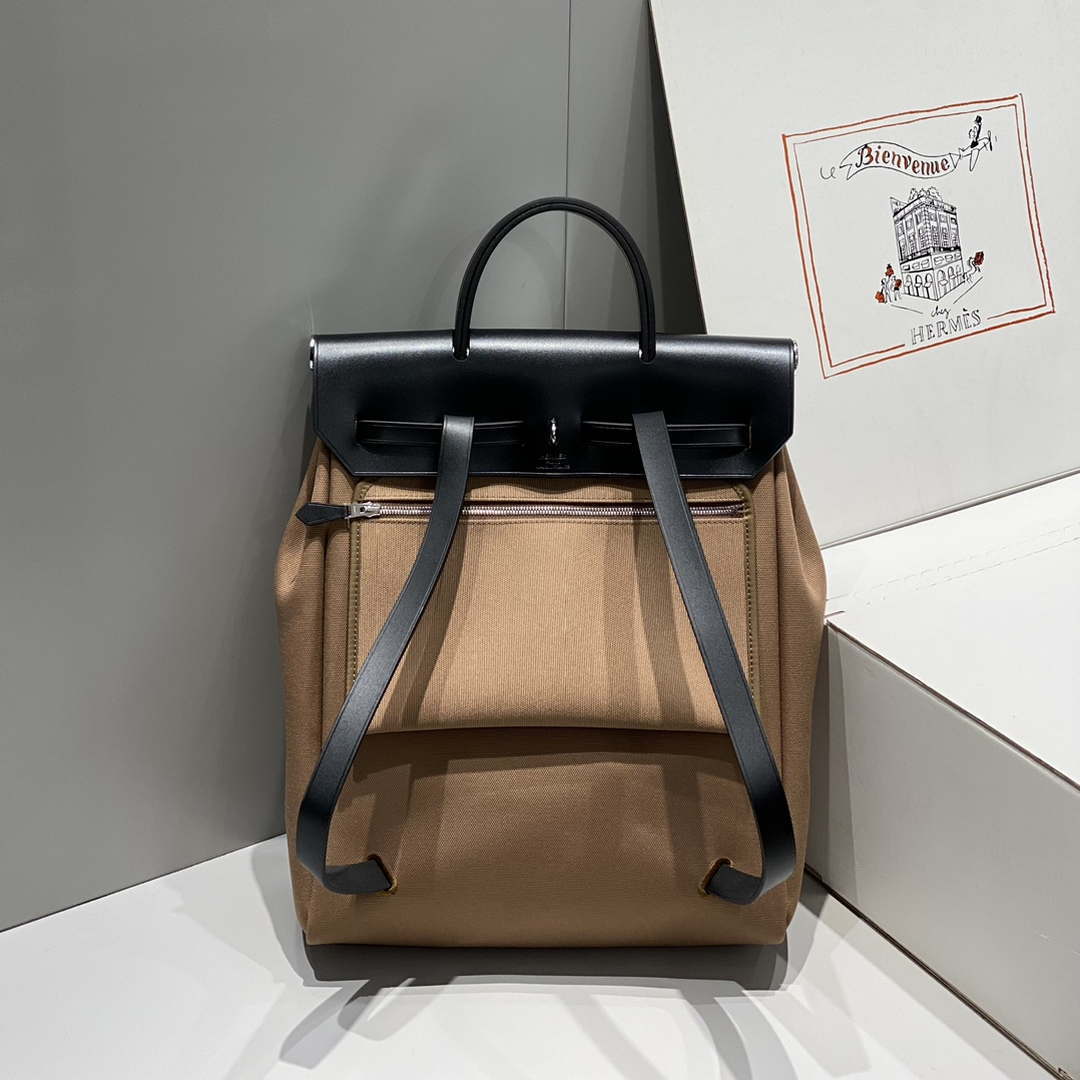 Hermes H084076CKAD A Dos Zip Retourne Herbag Backpack Toile Vache Hunter Ebene H60067