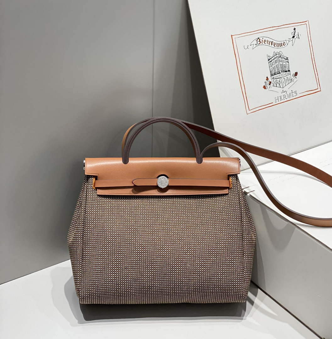 Hermes H084076CKAD Herbag Zip 31 Bag in Brown Hunter Leather and Canvas H60055