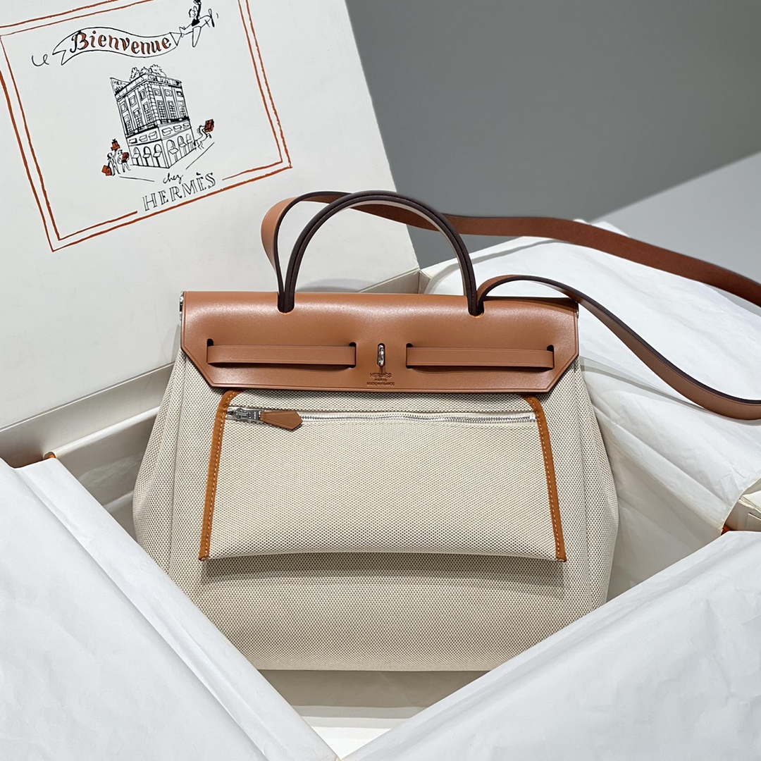 Hermes H084076CKAD Herbag Zip 31 Bag in Brown Hunter Leather and Canvas H60061