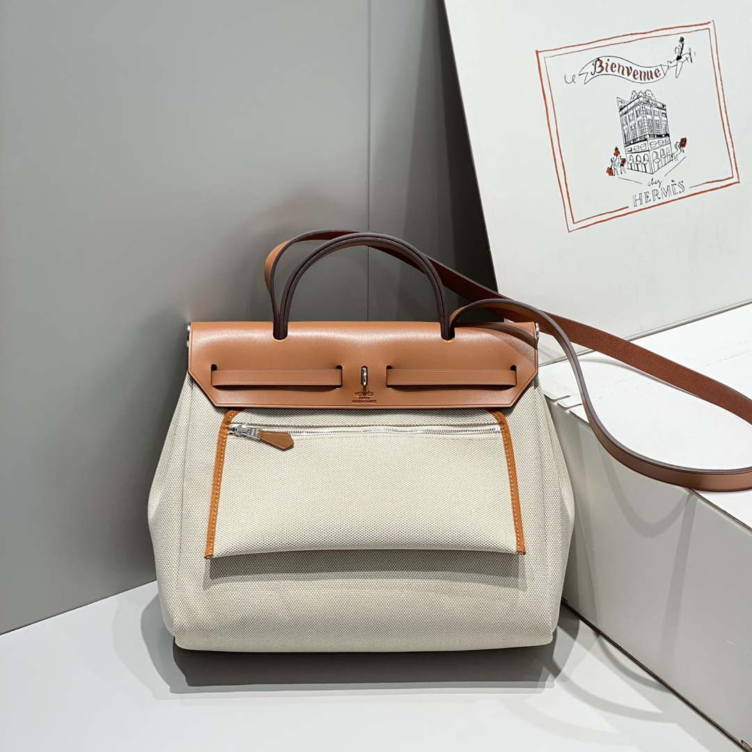 Hermes H084076CKAD Herbag Zip 31 Bag in Brown Hunter Leather and Canvas H60061