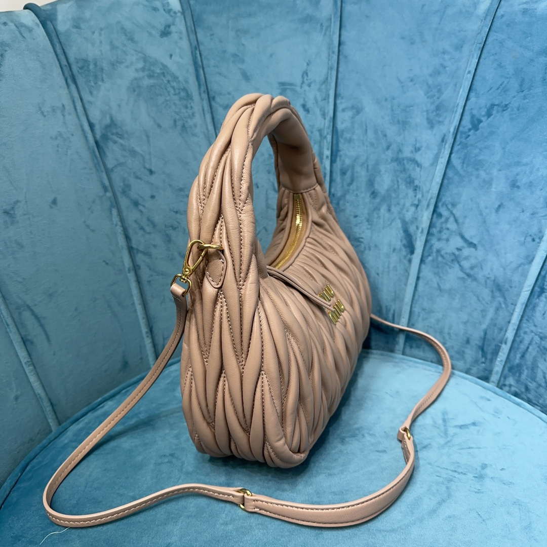 MiuMiu 5BC153 Wander matelassé nappa leather hobo bag Apricot