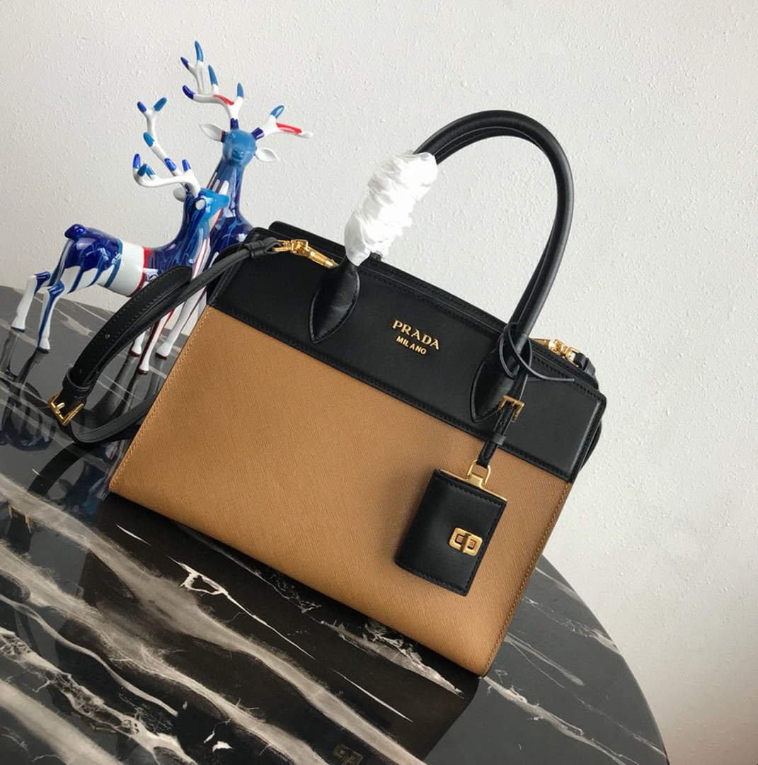 Prada 1BA046 Medium Esplanade Leather Tote Bag Apricot and Black