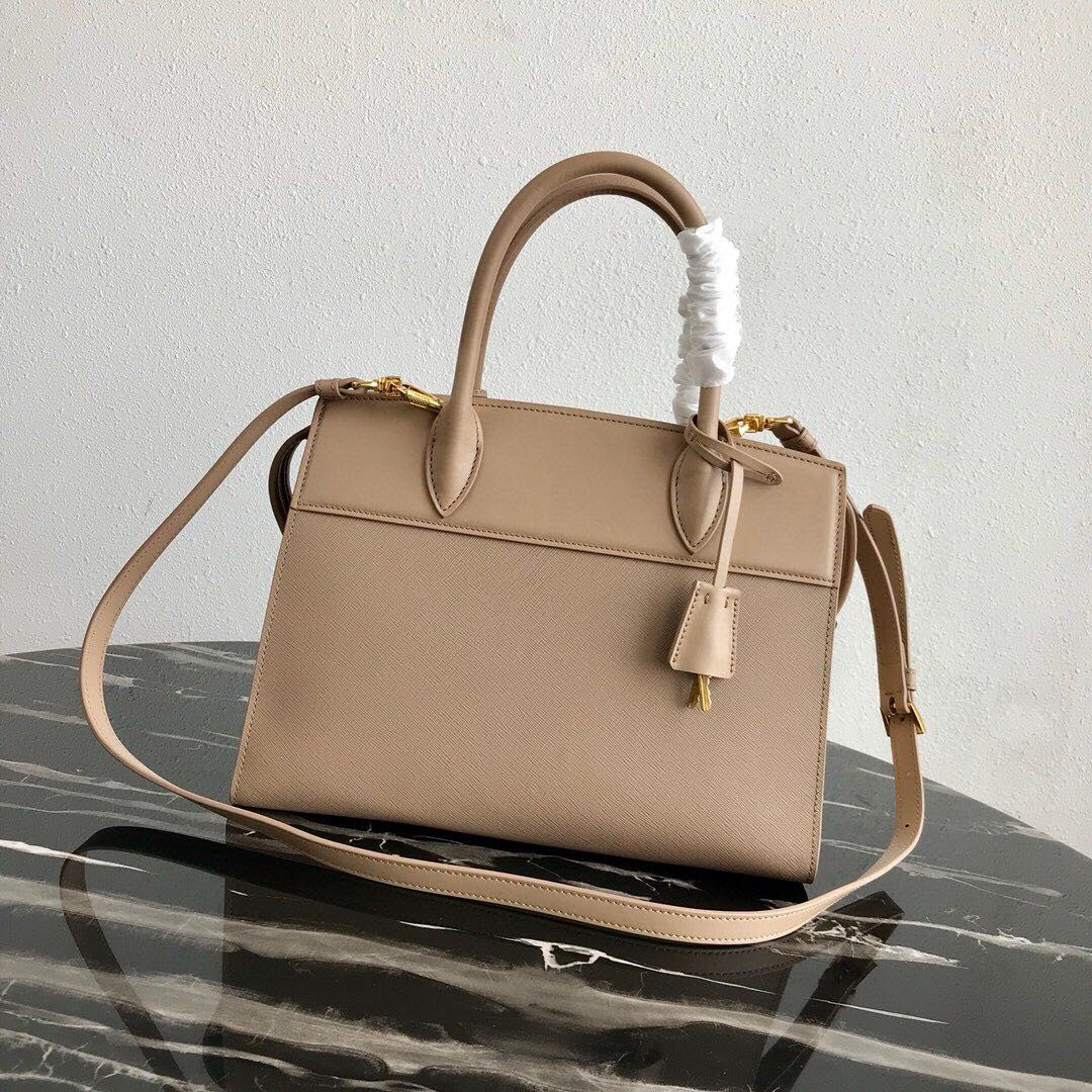 Prada 1BA046 Medium Esplanade Leather Tote Bag Apricot