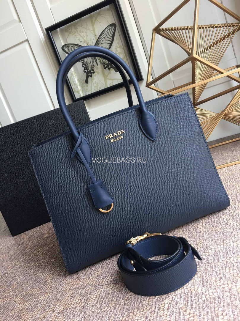 Prada 1BA153 Large Saffiano Leather Handbag In Navy Blue
