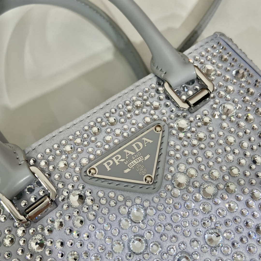Prada 1BA331 Small satin tote bag with crystals White