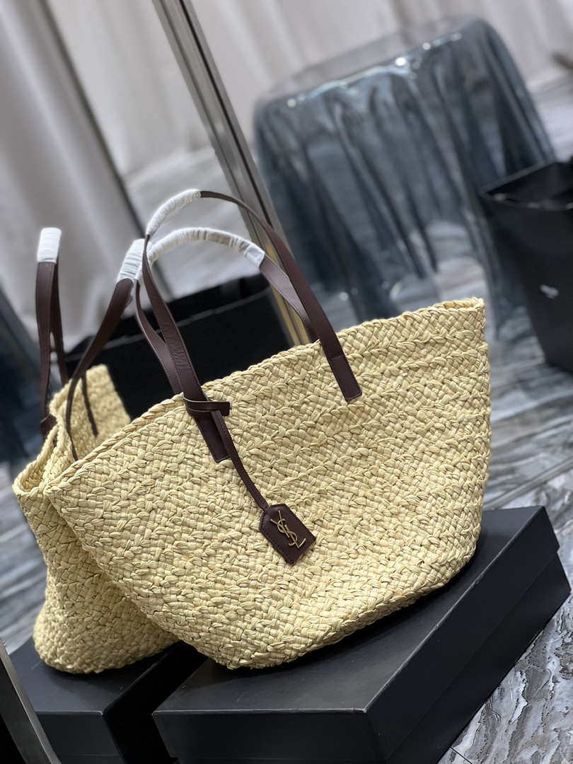 Saint Laurent YSL 693242 Tote Panier Maxi Bag In Raffia Apricot