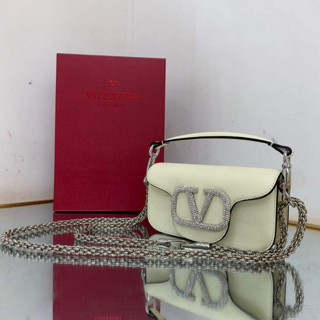 Valentino WB0K53ZXL Star diamond Locò Small Shoulder Bag in Calfskin Light Ivory