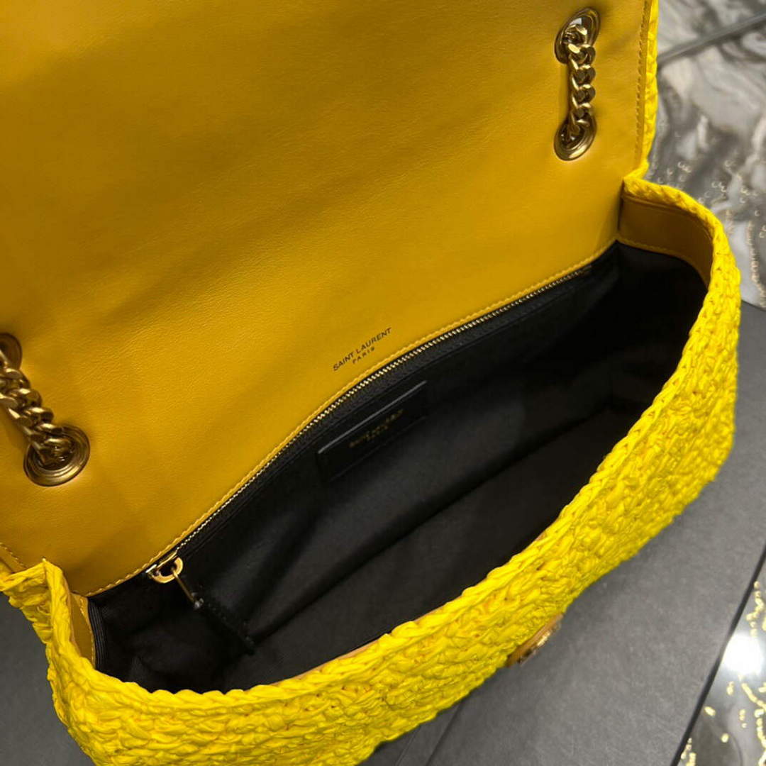 YSL 515821 Jamie Leather-Trimmed Raffia Shoulder Bag Yellow