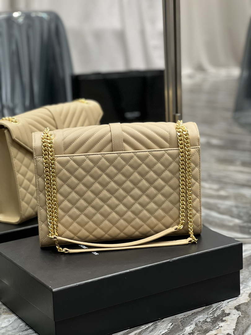 YSL 600166 Envelope Large In Quilted Grain De Poudre Embossed Leather Apricot