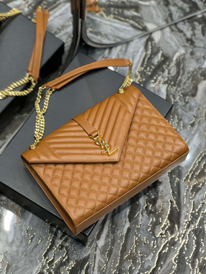YSL 600166 Envelope Large In Quilted Grain De Poudre Embossed Leather Black Caramel