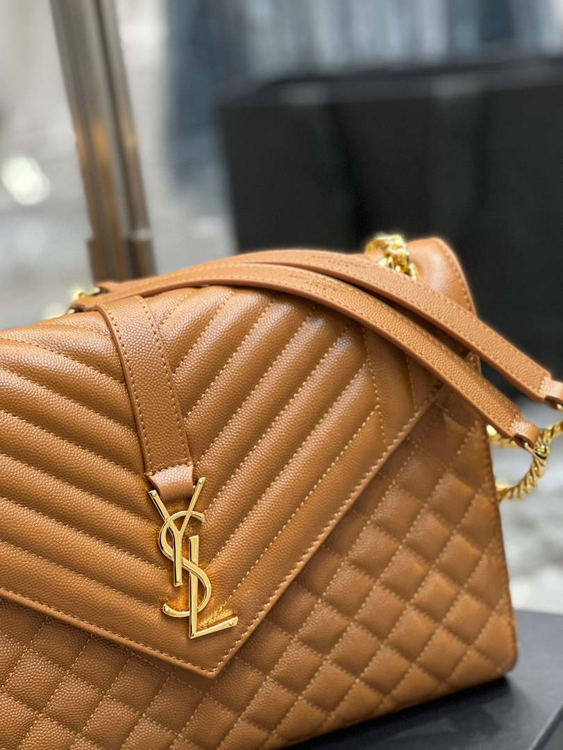 YSL 600166 Envelope Large In Quilted Grain De Poudre Embossed Leather Black Caramel