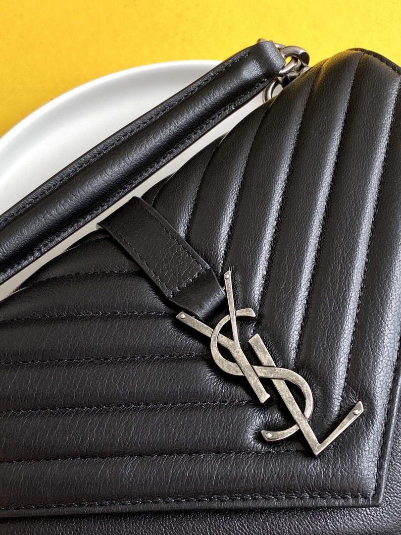 YSL 600279 College Medium In Matelassé Leather Black with Silver