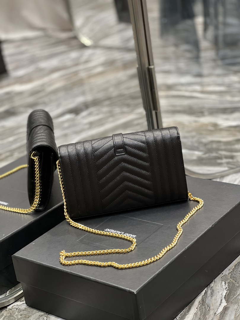 YSL 620280 Envelope Chain Wallet In Mix Matelassé Grain De Poudre Embossed Leather Black
