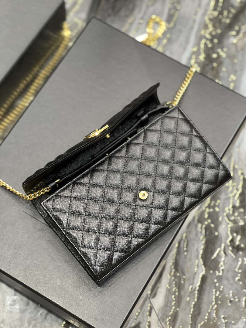 YSL 620280 Envelope Chain Wallet In Mix Matelassé Grain De Poudre Embossed Leather Black