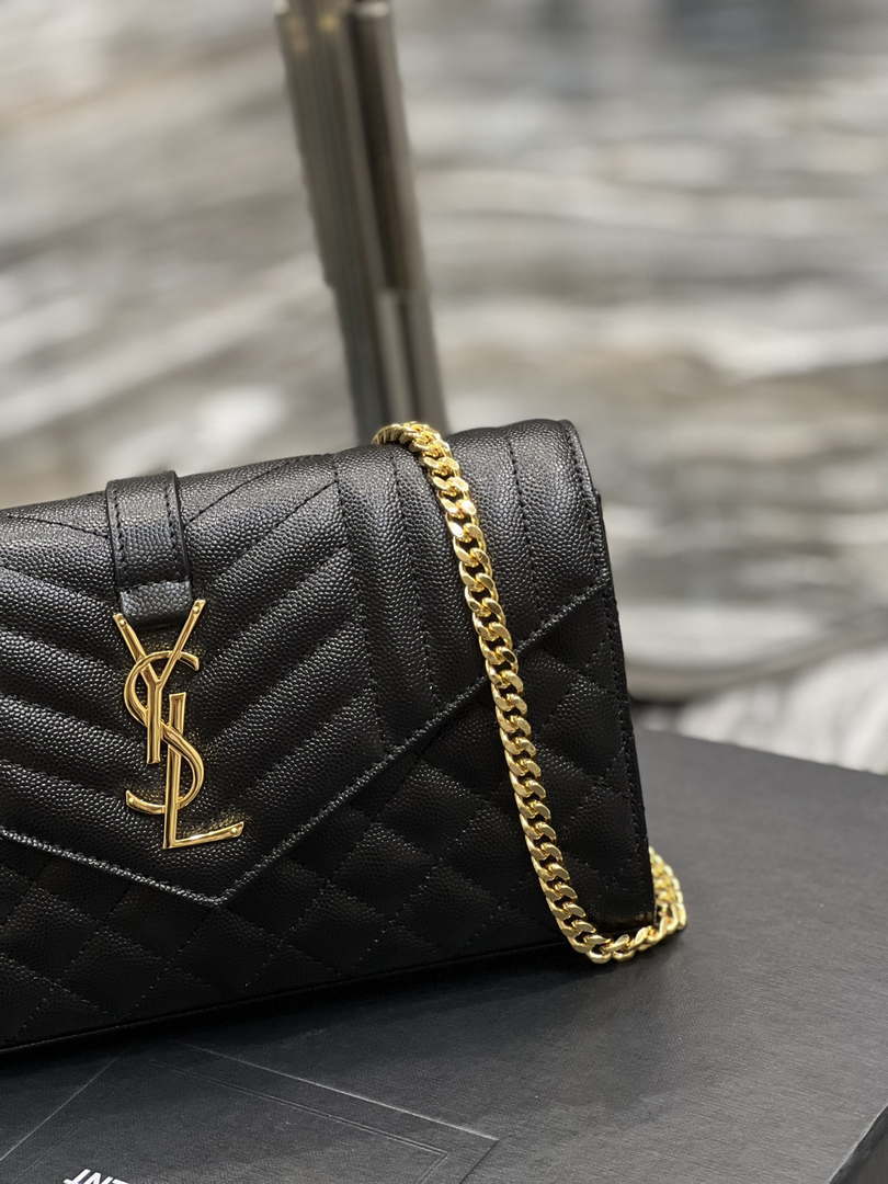 YSL 620280 Envelope Chain Wallet In Mix Matelassé Grain De Poudre Embossed Leather Black