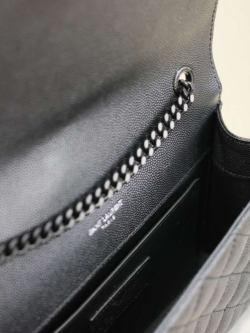 YSL 620280 Envelope Chain Wallet In Mix Matelassé Grain De Poudre Embossed Leather Black with Black Hardward