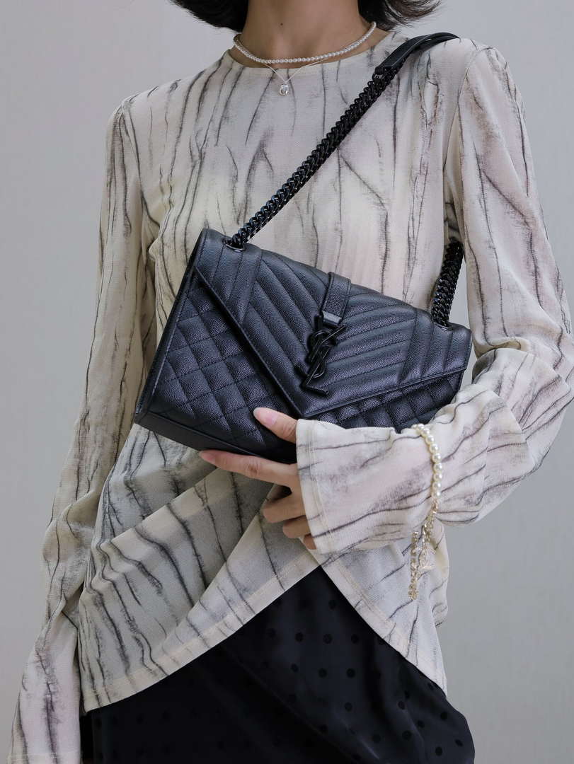 YSL 620280 Envelope Chain Wallet In Mix Matelassé Grain De Poudre Embossed Leather Black with Black Hardward