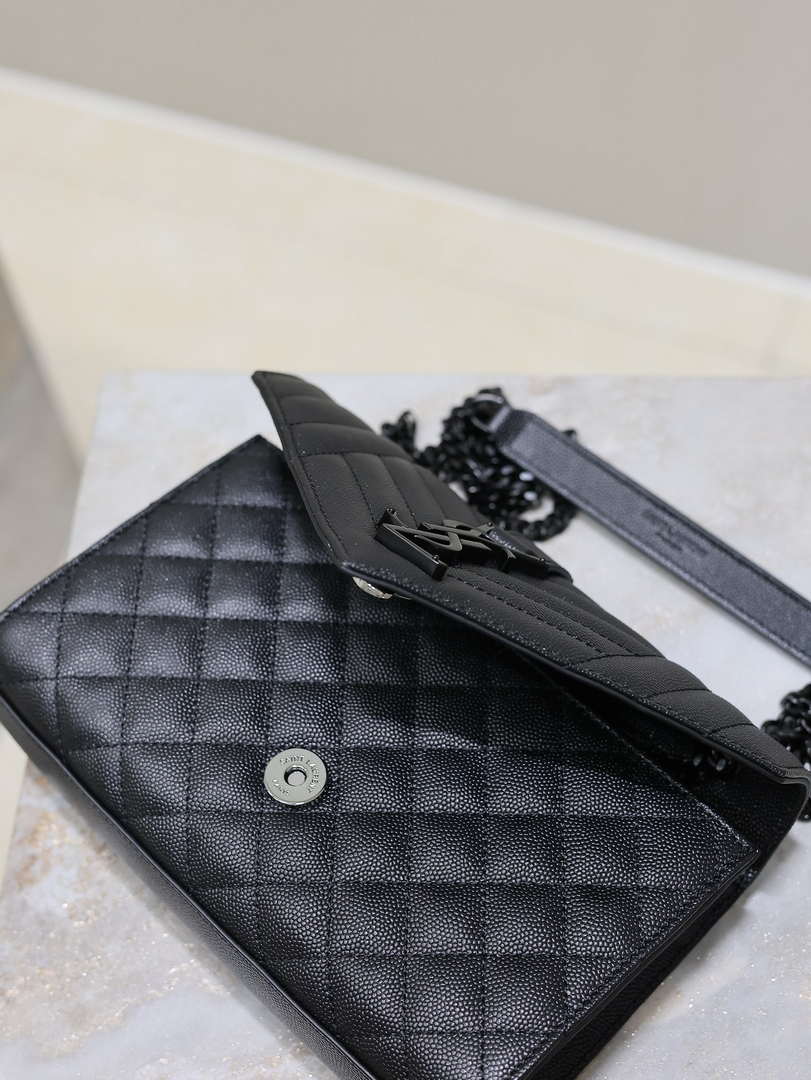 YSL 620280 Envelope Chain Wallet In Mix Matelassé Grain De Poudre Embossed Leather Black with Black Hardward