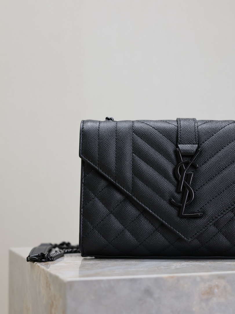 YSL 620280 Envelope Chain Wallet In Mix Matelassé Grain De Poudre Embossed Leather Black with Black Hardward