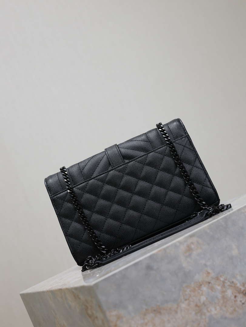 YSL 620280 Envelope Chain Wallet In Mix Matelassé Grain De Poudre Embossed Leather Black with Black Hardward