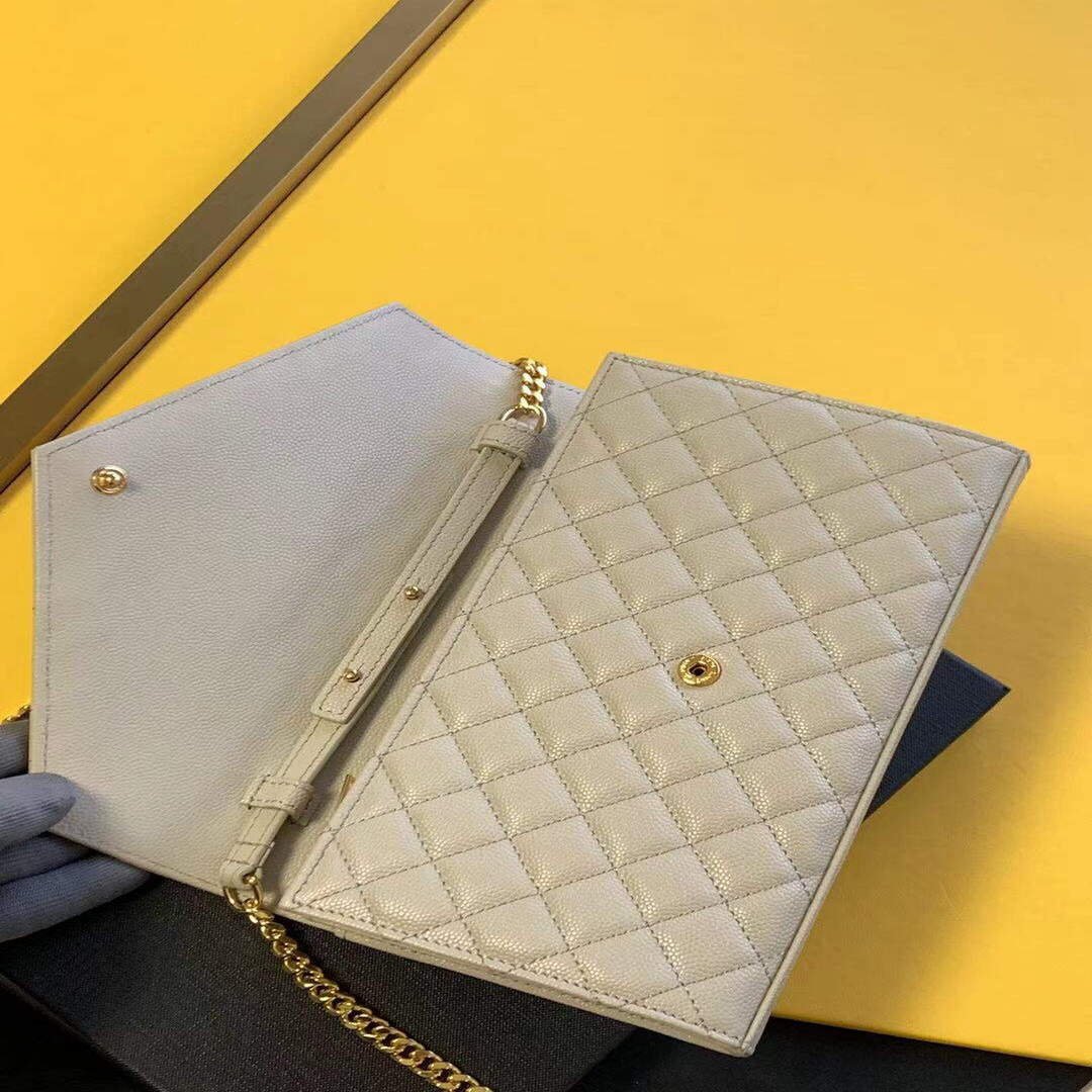 YSL 620280 Monogram Chain Wallet In Mix Matelassé Grain Embossed White