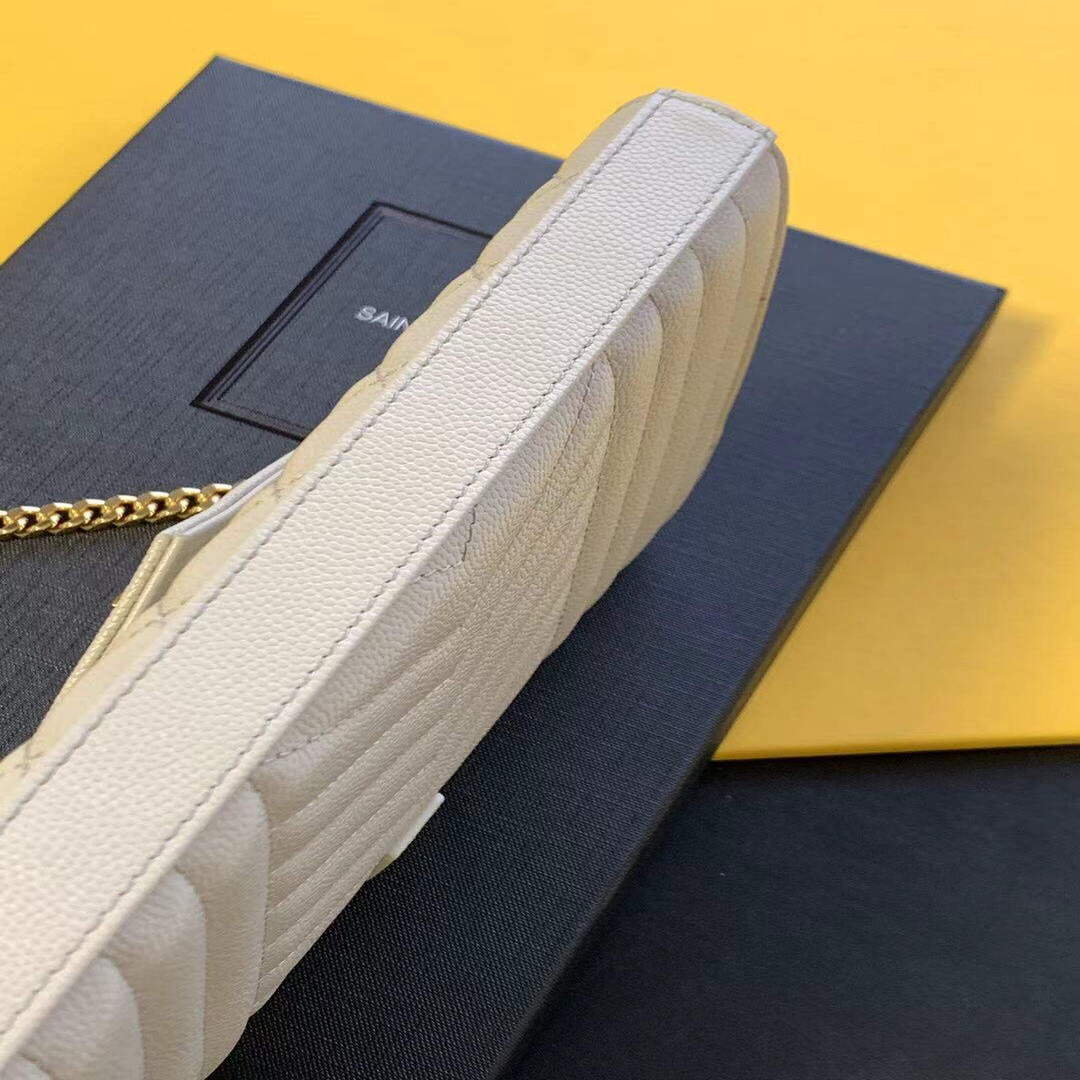 YSL 620280 Monogram Chain Wallet In Mix Matelassé Grain Embossed White